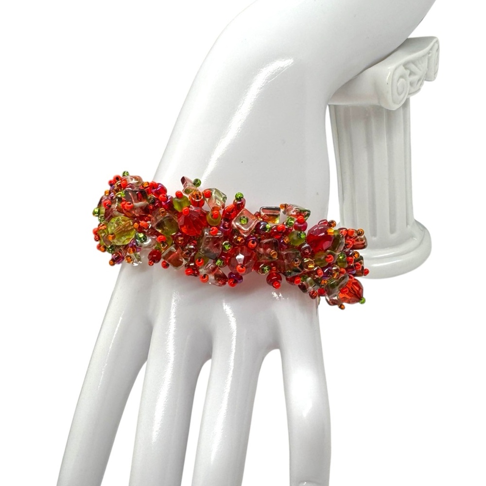Hand Beaded Christmas Colors Gemstone Bead Cuff Bracelet